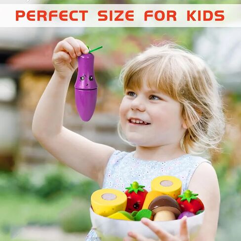Dorjee Wood Play Food, Kitchen Toys for Kids Age 3-5, Toy Fruits and Vegetables for Toddlers, Velcro Food Cutting Toys for Pretend Play, Gifts for 2 Year Old in Kuwait