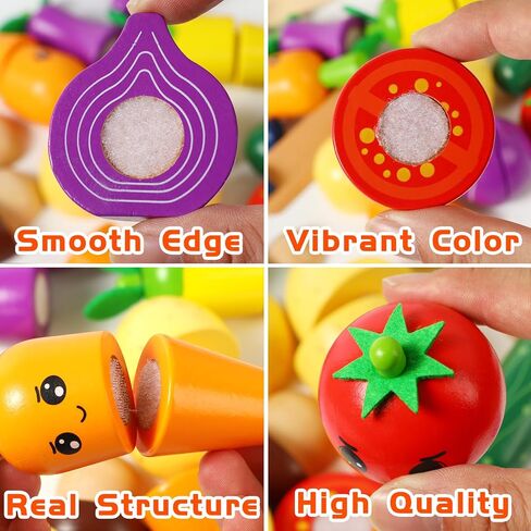 Dorjee Wood Play Food, Kitchen Toys for Kids Age 3-5, Toy Fruits and Vegetables for Toddlers, Velcro Food Cutting Toys for Pretend Play, Gifts for 2 Year Old in Kuwait