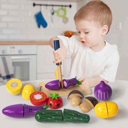 Dorjee Wood Play Food, Kitchen Toys for Kids Age 3-5, Toy Fruits and Vegetables for Toddlers, Velcro Food Cutting Toys for Pretend Play, Gifts for 2 Year Old in Kuwait