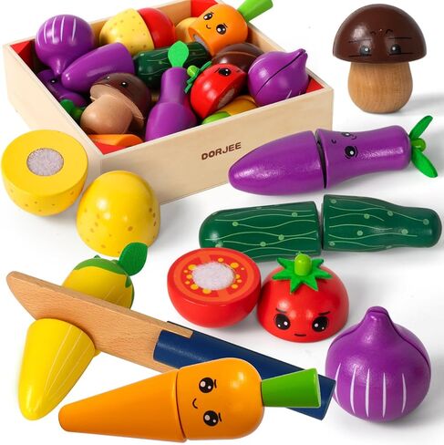 Dorjee Wood Play Food, Kitchen Toys for Kids Age 3-5, Toy Fruits and Vegetables for Toddlers, Velcro Food Cutting Toys for Pretend Play, Gifts for 2 Year Old in Kuwait