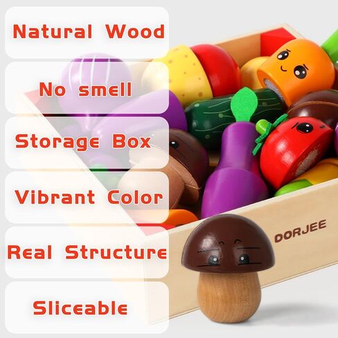 Dorjee Wood Play Food, Kitchen Toys for Kids Age 3-5, Toy Fruits and Vegetables for Toddlers, Velcro Food Cutting Toys for Pretend Play, Gifts for 2 Year Old in Kuwait