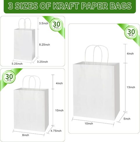 Toovip 90 Pack Plain Brown Kraft Paper Bags with Handles Bulk, Multiple 3 Assorted Sizes Gift Bags for Favors Grocery Retail Party Birthday Shopping Business Goody Craft Merchandise Take Out Sacks in Kuwait