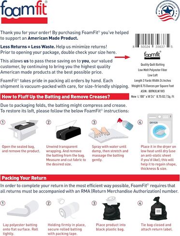 FoamFit Dacron Upholstery Quilt Batting - Low Loft 0.75 Ounces per Square Foot - 4 Yards 48 Inch Wide - Wadding Bonded Polyester Fiber for Quilting - Cushions Wrap, Padding, Filling, Stuffing - Crafts in Kuwait