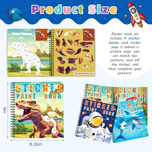 homicozy 4PCS كتب الطلاء ملصقات للأطفال الذين تتراوح أعمارهم بين 4-10، ديناصور رائد الفضاء المحيط الحيوانات تصاميم الطلاء عن طريق الملصقات، ملصق بالأرقام، هدايا عيد ميلاد الحزب للأولاد 4-10، إنشاء 40 صورة في وقت واحد in Saudi Arabia