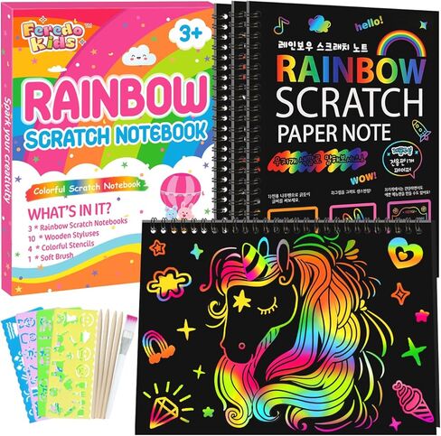 FEREDO KIDS Rainbow Scratch Notebook Paper - خدش أسود من لوازم الحرف الفنية مجموعة أدوات التلوين للأطفال الذين تتراوح أعمارهم بين 3-9 الفتيات والأولاد DIY عيد ميلاد الأطفال وأنشطة عيد الفصح هدية 4 حزمة in Kuwait