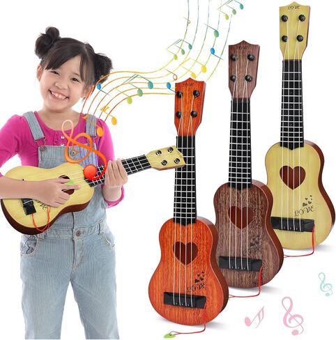 Lukmaa 3 Pcs Kids Ukulele Guitar 17 Inch Mini Guitar 4 Adjustable Strings Toddler Musical Instruments for Beginner Skill Learning Girls Boys Good Gift for Christmas Party, Orange, Khaki, Brown in Saudi Arabia