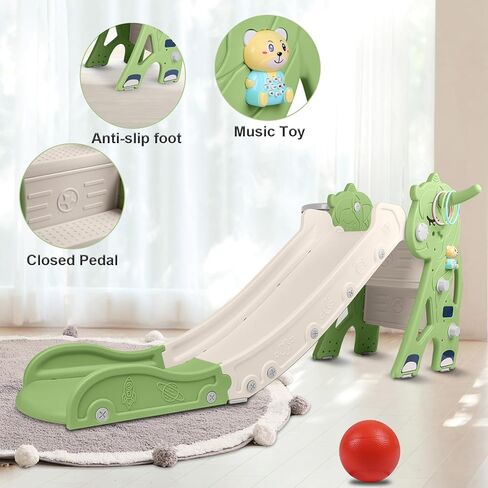 شريحة أطفال GYBest للأطفال الصغار من عمر 1 إلى 3 سنوات، شرائح للأطفال الصغار في الهواء الطلق وداخل المنزل مع طوق كرة سلة، لعبة حلقة ولعبة موسيقية، مجموعة لعب متسلق بلاستيكية قائمة بذاتها للأولاد والبنات (أخضر) in Kuwait