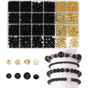 SEMATA 1500+Pcs Black Beads for Jewelry Making Kit with Star and Heart Beads Smooth Black Acrylic Round/Polygonal Beads for Bracelet Making Kit with Gold Beads for Adult Friendship Bracelet Necklace