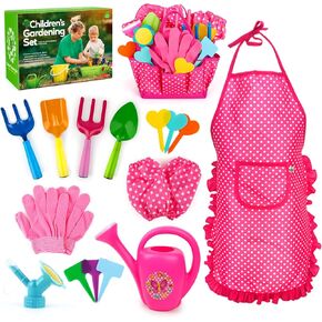 Kids Gardening Tool Set Toddler Birthday Gifts for 3 + Year Old Little Girls Garden Tools Kit 17Pcs Including Apron Gloves Watering Can Shovel Rake Trowel and Tote Bag (Wave Point)