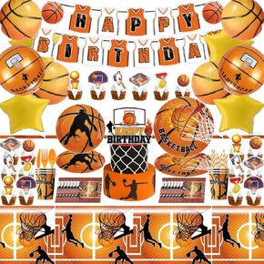 مجموعة لوازم حفلات كرة السلة تتضمن لافتة وبالون وزينة كب كيك واطباق ومنديل وكوب وشوكة وسكاكين وملعقة وقشة ومفرش طاولة لتزيين حفلات اعياد الميلاد بطابع كرة السلة، تكفي 20 قطعة in Kuwait