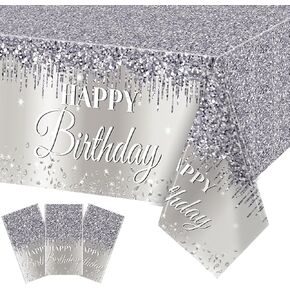 Silver Happy Birthday Party Decorations Silver Theme Table Covers Silver Glitter Birthday Party Tablecloths Supplies Diamonds Silver Party Tablecloths for Baby Shower Wedding Birthday Parties Supplies