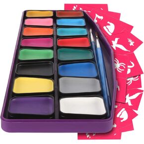 Colorful Art Co. Face Paint Kit for Kids - Pack of 12 Water-Based Paints with 3 Painting Brushes and 30 Stencils - Palette for Cosplay, SFX, Party & Holiday Makeup﻿