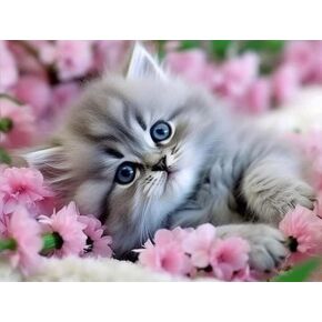 Jungobiu 5D الماس مجموعات الطلاء القط لطيف، DIY الماس الفن الزهور مجموعات الطلاء مع الماس الحفر الكامل جولة الكريستال حجر الراين التطريز المستخدمة للمنزل مكتب الجدار الديكور 12x16 بوصة in Kuwait