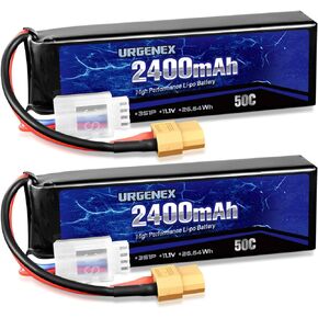URGENEX 11.1V 2400mAh Lipo Battery 50C معدل تفريغ عالي 3S RC بطاريات مع قابس XT60 مناسب لطائرة RC Car Truggy RC، طائرة بدون طيار FPV، UAV Quadcopter وHelicopter 2 Pack in Kuwait