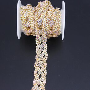 1 Yard Cross-Shape AB Color Symphony Crystal Rhinestones Trim Metal Chain Ribbon for Dress, Bag, Shoes Accessories (Gold AB-1)