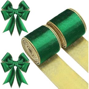 WILLBOND 2 Rolls Christmas Velvet Ribbon Velvet Wired Edge Ribbon Trim Wrapping Ribbon Craft Fabric Ribbon for Xmas Bow Making, Floral Arrangement Decoration (Green, 4 Inchx6 Yards) in Kuwait