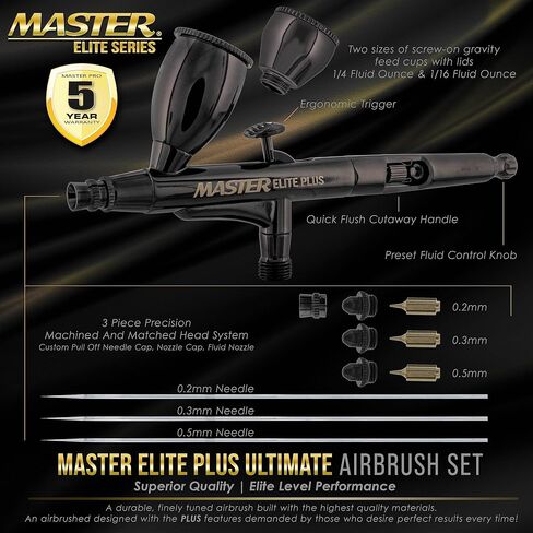مجموعة فرش البخاخة Master Elite Plus، موديل 120 - مجموعة فرش البخاخة ذات الأداء المزدوج لتغذية الجاذبية مع علبة، طرف 0.3 مم، كوبين، فلتر - رسومات تلقائية، فن، كعكة، وشم، هواية حرفية in Saudi Arabia