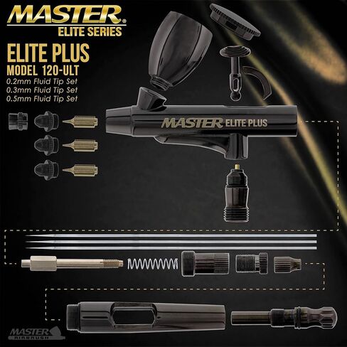 مجموعة فرش البخاخة Master Elite Plus، موديل 120 - مجموعة فرش البخاخة ذات الأداء المزدوج لتغذية الجاذبية مع علبة، طرف 0.3 مم، كوبين، فلتر - رسومات تلقائية، فن، كعكة، وشم، هواية حرفية in Saudi Arabia