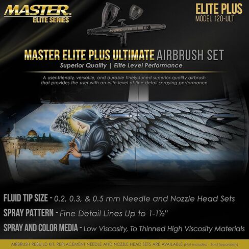 مجموعة فرش البخاخة Master Elite Plus، موديل 120 - مجموعة فرش البخاخة ذات الأداء المزدوج لتغذية الجاذبية مع علبة، طرف 0.3 مم، كوبين، فلتر - رسومات تلقائية، فن، كعكة، وشم، هواية حرفية in Saudi Arabia