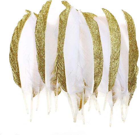 50 قطعة من ريش الإوز الذهبي والفضي المغمس مقاس 6-8 بوصة من الريش الطبيعي لمجموعة متنوعة من الحرف اليدوية والملابس (ذهبي وأسود) in Kuwait