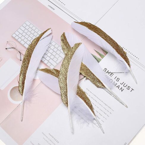 50 قطعة من ريش الإوز الذهبي والفضي المغمس مقاس 6-8 بوصة من الريش الطبيعي لمجموعة متنوعة من الحرف اليدوية والملابس (ذهبي وأسود) in Kuwait