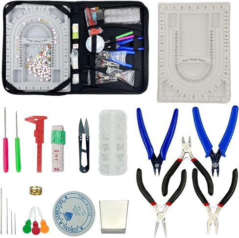 صندوق تخزين لصنع الاساور والقلائد والمجوهرات والمجوهرات والخرز بلون رمادي، صندوق تخزين، صينية تنظيم ادوات القياس الحرفية مع كماشة وفرجار ومجموعة ادوات الخرز (23 قطعة) in Kuwait