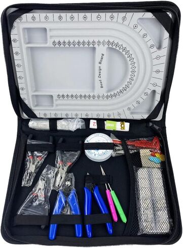 صندوق تخزين لصنع الاساور والقلائد والمجوهرات والمجوهرات والخرز بلون رمادي، صندوق تخزين، صينية تنظيم ادوات القياس الحرفية مع كماشة وفرجار ومجموعة ادوات الخرز (23 قطعة) in Kuwait