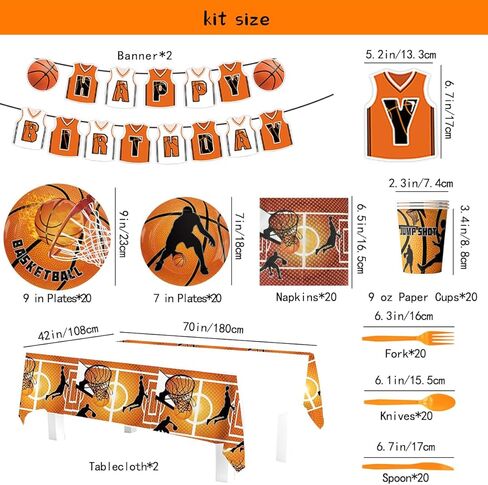 مجموعة لوازم حفلات كرة السلة تتضمن لافتة وبالون وزينة كب كيك واطباق ومنديل وكوب وشوكة وسكاكين وملعقة وقشة ومفرش طاولة لتزيين حفلات اعياد الميلاد بطابع كرة السلة، تكفي 20 قطعة in Kuwait