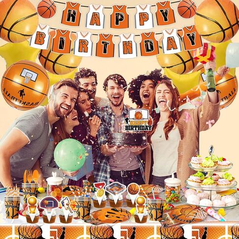 مجموعة لوازم حفلات كرة السلة تتضمن لافتة وبالون وزينة كب كيك واطباق ومنديل وكوب وشوكة وسكاكين وملعقة وقشة ومفرش طاولة لتزيين حفلات اعياد الميلاد بطابع كرة السلة، تكفي 20 قطعة in Kuwait