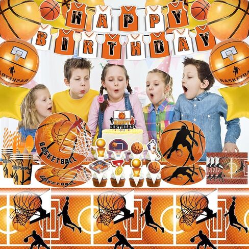 مجموعة لوازم حفلات كرة السلة تتضمن لافتة وبالون وزينة كب كيك واطباق ومنديل وكوب وشوكة وسكاكين وملعقة وقشة ومفرش طاولة لتزيين حفلات اعياد الميلاد بطابع كرة السلة، تكفي 20 قطعة in Kuwait