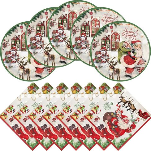Hzleyw Christmas Party Supplies Paper Plates and Napkins, Vintage Christmas Disposable Dinnerware Set, 20 Plates and 20 Napkins, Merry Christmas Party Decorations Serves 20 in Kuwait