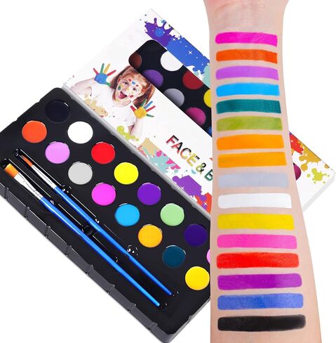 مجموعة طلاء الوجه للأطفال من AOOWU، لوحة رسم احترافية للوجه والجسم مكونة من 16 لونًا مع فرشتين، مجموعة طلاء الوجه الآمنة وغير السامة، مجموعة مكياج دهانات الوجه الزيتية القابلة للغسل للهالوين والحفلات والحفلات التنكرية in Kuwait