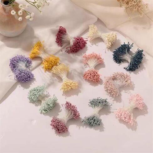 3040 قطعة صناعية غير لامعة زهرة Stamen Pistil مختلط اللون رؤوس مزدوجة مصنوعة يدويا الزهور عدسات، سجل القصاصات لتزيين سجل القصاصات in Kuwait