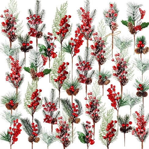 Tigeen 70 Pcs 15 Kinds Artificial Christmas Picks Assorted Berry Stems Picks Faux Red Pine Branches Picks Christmas Tree Decorations Holly Spray Pine Cones for Floral Arrangement Wreath Holiday Decor in Saudi Arabia