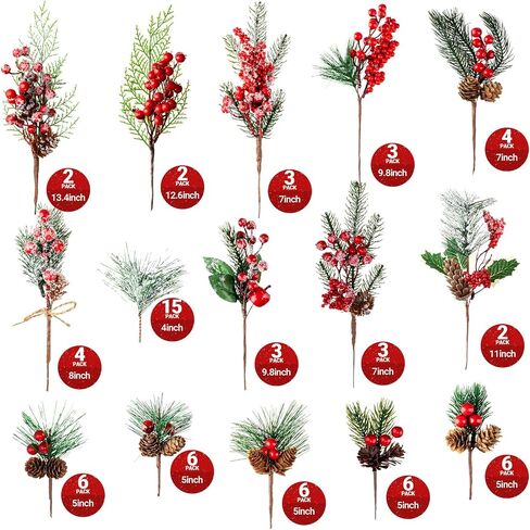 Tigeen 70 Pcs 15 Kinds Artificial Christmas Picks Assorted Berry Stems Picks Faux Red Pine Branches Picks Christmas Tree Decorations Holly Spray Pine Cones for Floral Arrangement Wreath Holiday Decor in Saudi Arabia
