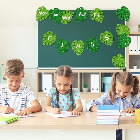 Whaline 46Pcs Tropical Leaves Cutouts Glitter Green Palm Leaves Cut-Outs Summer Monstera Leaves Tropical Jungle Back to School Bulletin Border Decor with 100Pcs Glue Point for Classroom DIY Projects in Saudi Arabia