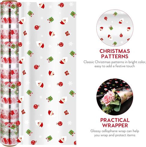 غلاف هدايا بنمط سانتا كلوز 2.5 مل ورق تغليف شفاف كريستالي شفاف من شركة تشومومي لأعياد الميلاد سيلوفان ملفوف من الكريستال الشفاف للسلال، الهدايا، الأزهار، الحلويات، الطعام، الحرف اليدوية (3000x40 سم) in Kuwait