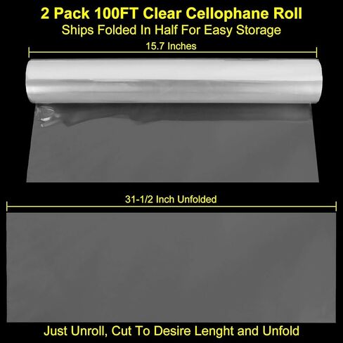 عبوة من 2 بكرة ملفوفة من السليفان الشفافة (80.04 سم × 30.48 متر)، 30 كيس من الكيلوفان الشفاف من الكريستال، ورق تغليف شفاف للسلال، الهدايا، الأزهار، الفنون والحرف اليدوية، بكرات سيلي آمنة للطعام in Kuwait