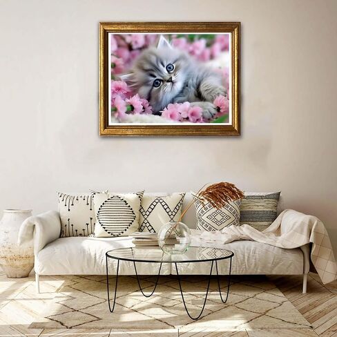 Jungobiu 5D الماس مجموعات الطلاء القط لطيف، DIY الماس الفن الزهور مجموعات الطلاء مع الماس الحفر الكامل جولة الكريستال حجر الراين التطريز المستخدمة للمنزل مكتب الجدار الديكور 12x16 بوصة in Kuwait