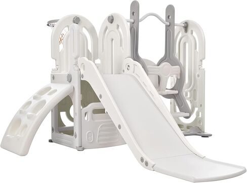 Lostcat 5 in 1 Toddler Slide and Swing Set,with Climber, Basketball Hoop and Storage Space,Indoor & Outdoor Playground Freestanding Slide,for Toddlers Age 1+(Gray) in Kuwait