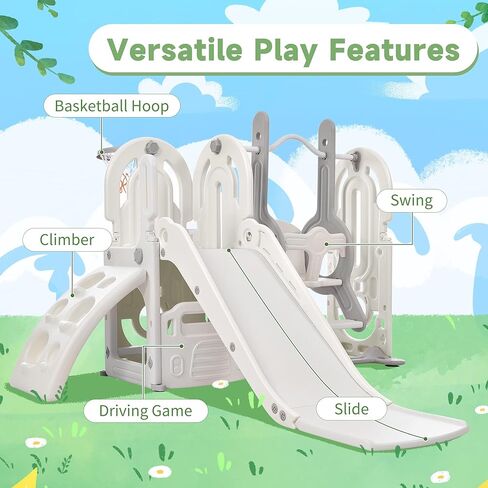 Lostcat 5 in 1 Toddler Slide and Swing Set,with Climber, Basketball Hoop and Storage Space,Indoor & Outdoor Playground Freestanding Slide,for Toddlers Age 1+(Gray) in Kuwait
