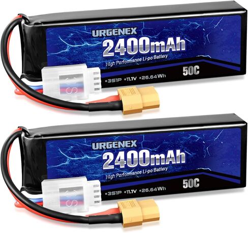 URGENEX 11.1V 2400mAh Lipo Battery 50C معدل تفريغ عالي 3S RC بطاريات مع قابس XT60 مناسب لطائرة RC Car Truggy RC، طائرة بدون طيار FPV، UAV Quadcopter وHelicopter 2 Pack in Kuwait