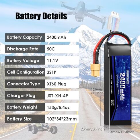 URGENEX 11.1V 2400mAh Lipo Battery 50C معدل تفريغ عالي 3S RC بطاريات مع قابس XT60 مناسب لطائرة RC Car Truggy RC، طائرة بدون طيار FPV، UAV Quadcopter وHelicopter 2 Pack in Kuwait