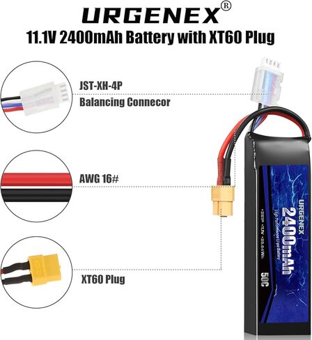 URGENEX 11.1V 2400mAh Lipo Battery 50C معدل تفريغ عالي 3S RC بطاريات مع قابس XT60 مناسب لطائرة RC Car Truggy RC، طائرة بدون طيار FPV، UAV Quadcopter وHelicopter 2 Pack in Kuwait