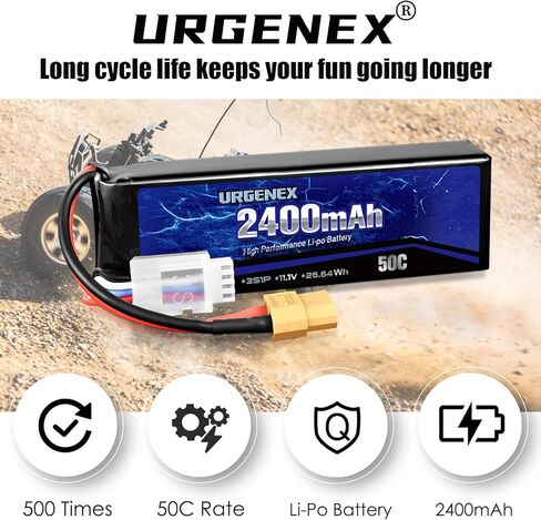 URGENEX 11.1V 2400mAh Lipo Battery 50C معدل تفريغ عالي 3S RC بطاريات مع قابس XT60 مناسب لطائرة RC Car Truggy RC، طائرة بدون طيار FPV، UAV Quadcopter وHelicopter 2 Pack in Kuwait