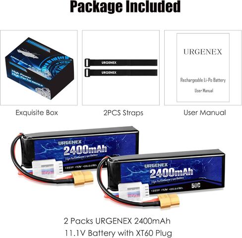 URGENEX 11.1V 2400mAh Lipo Battery 50C معدل تفريغ عالي 3S RC بطاريات مع قابس XT60 مناسب لطائرة RC Car Truggy RC، طائرة بدون طيار FPV، UAV Quadcopter وHelicopter 2 Pack in Kuwait