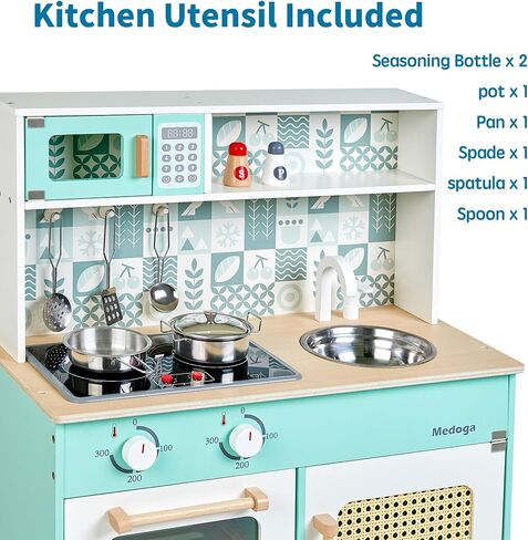 مجموعة ألعاب مطبخ خشبية، مجموعة مطبخ للأطفال الصغار للأعمار من 3 إلى 6 سنوات، مطبخ لعب تظاهري مع أضواء وأصوات حقيقية، مجموعات ألعاب مطبخ للأطفال مع 8 قطع من ملحقات أواني الطبخ، لعبة هدية للفتيات والفتيان (أخضر) in Kuwait