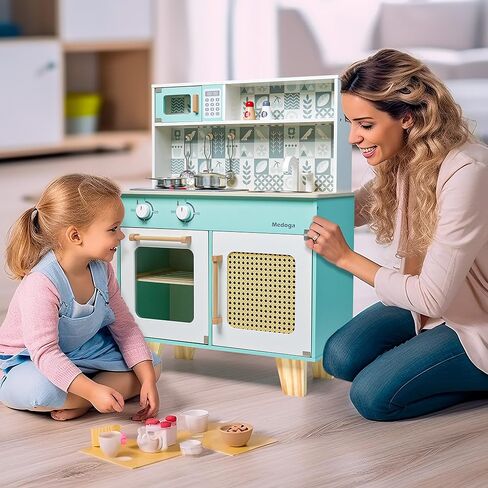 مجموعة ألعاب مطبخ خشبية، مجموعة مطبخ للأطفال الصغار للأعمار من 3 إلى 6 سنوات، مطبخ لعب تظاهري مع أضواء وأصوات حقيقية، مجموعات ألعاب مطبخ للأطفال مع 8 قطع من ملحقات أواني الطبخ، لعبة هدية للفتيات والفتيان (أخضر) in Kuwait