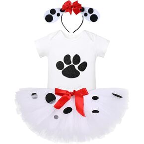 Baby Girls Dalmatian 1st Birthday Outfit Paw Print Romper + Tutu Skirt + Dog Ears Headband Halloween Cosplay Costume