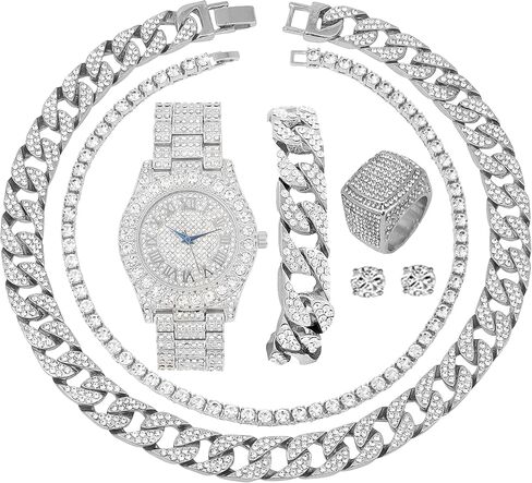 قرص ملون بإطار بيج روكس للرجال مع أرقام رومانية، سوار سلسلة كوبية، قلادة كوبية، سلسلة تنس وخاتم - ST10327CRNT in Kuwait